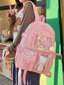 1PC Cute Women Backpacks Waterproof Multi-Pocket Nylon School Backpack For Student Female Girls Kawaii Laptop Book Pack Mochilas,School Bag,Portable,Laptop Compartment,Large Capacity,For Teen Girls Women College Students,College,Middle School,High School,Outdoors,Travel,Outings,Elementary School,Office, Street & Japanese Style Women Bag - 粉色 - 查看 11