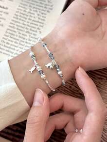 1pc Dainty Blue Whale Design Ladies Bracelet With Silver Charms, Personal Style Accessories - Silver - View 4