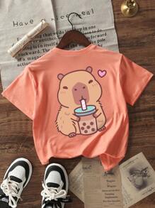 Camiseta de manga corta de cuello redondo con estampado naranja para niñas y adolescentes estudiantes, parte superior de verano informal