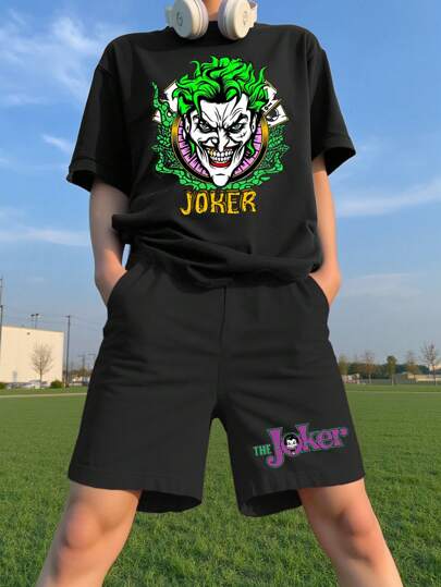 Warner Bros 2pcs Men's The Joker Element Cartoon Print Casual Short Sleeve T-Shirt & Shorts Set For Summer