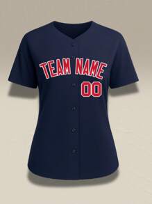 Women's Solid Color Custom Baseball Jersey Double-Sided Printed, Navy Blue Baseball Shirts Uniform Personalized Team Name Number, Baseball Jersey T-Shirt Gift For Mom, 100% Polyester