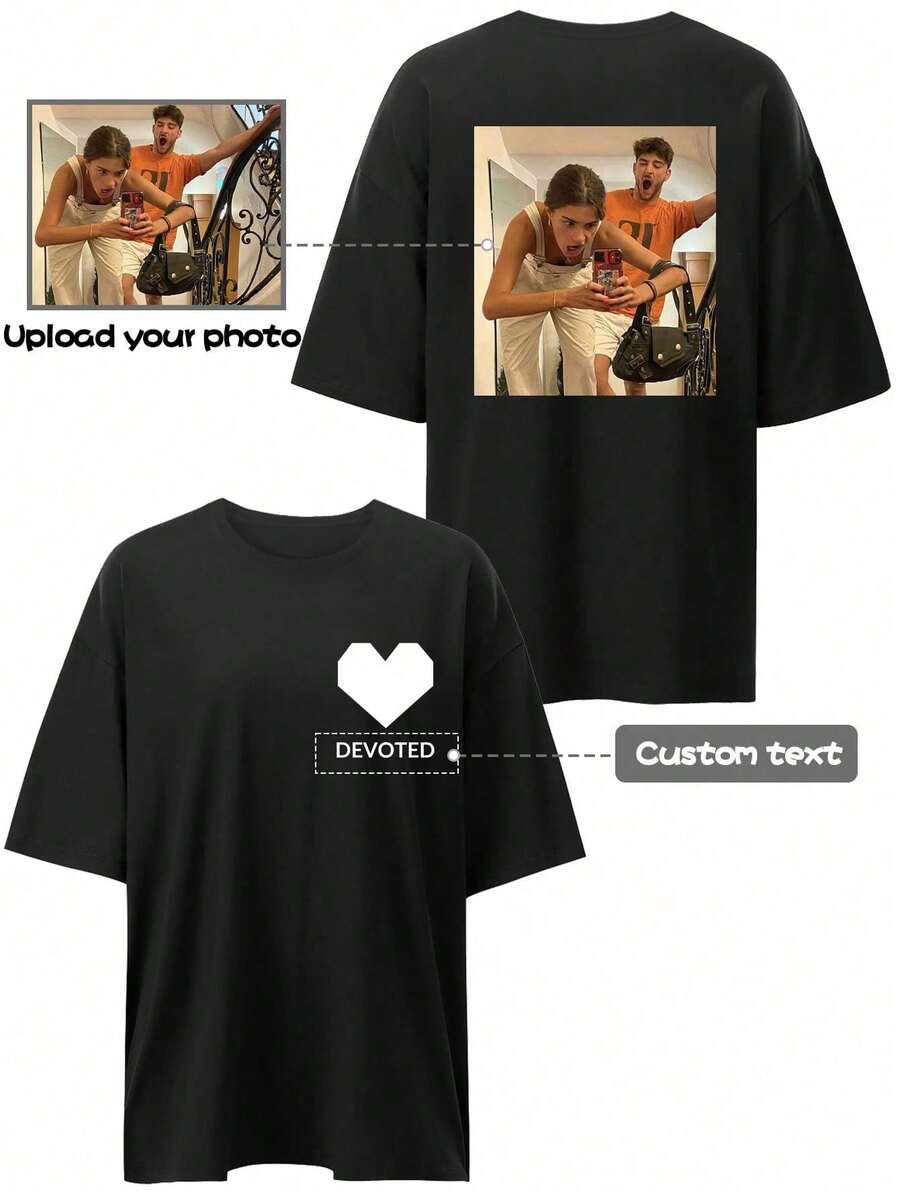 定制女士休闲宽松T恤，个性化图案设计，上传您的照片/情侣照片/宠物照片，自定义姓名/文字