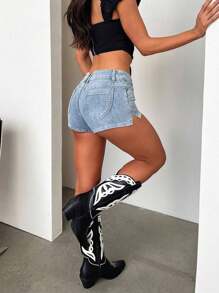 Shorts di jeans casual per donne, di colore solido, sexy, con tasche, cerniera e bottoni, adatti per l'estate, le vacanze e i viaggi