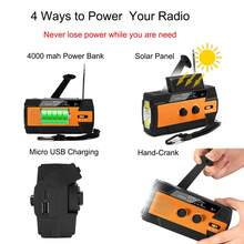 Hand Crank Emergency Weather Radio, Portable Multi-Functional Radio Solar Powered With Battery Backup,AM/FM,NOAA, SOS Alarm,6 LED Reading Lamp,4000mAh Rechargeable Battery Power Bank,LED Flashlight For Outdoor Hiking Camping Emergency