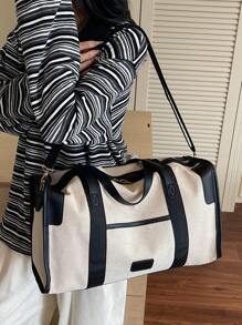 Simple Large Capacity Travel Luggage Bag, Fashionable Colorblock Handbag Boston Shoulder Bag, Versatile For Casual Use, Can Be Carried As Shoulder Or Crossbody Bag, Black & Brown With Beige Travel Bag For Suitcase Overnight Bag Gym Bag Duffle Bag Weekend Bag Duffel Bag Carry On Bag College Bag Luggage Bags Weekender Bag For Luggage Hospital Bag Holiday Winter Bag For School School Accessories School Stuff