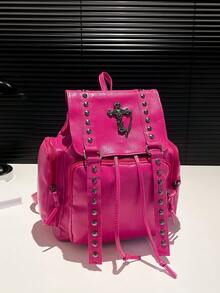 手工制作的千禧年 Y2K 软皮背包、哥特式十字架和链条装饰、工作包 - 玫紅色 - 查看 5