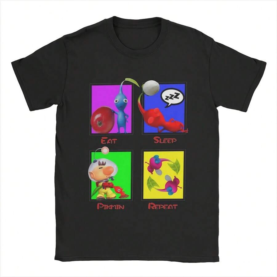 Eat Sleep Pikmin Repeat T Shirt Clothes Leisure Short Sleeve Round Neck Tees Printing T-Shirt Camisetas - Đen 23 - Xem 1
