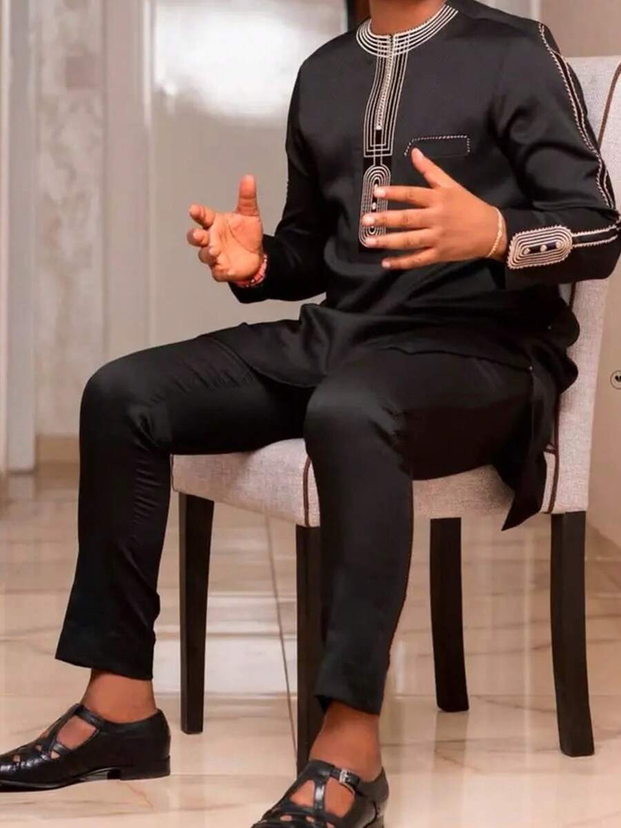 Traje tradicional para hombre, conjunto de 2 piezas con chaqueta de manga larga bordada de estilo africano y pantalones casuales para fiesta festiva - Negro - Ver 1