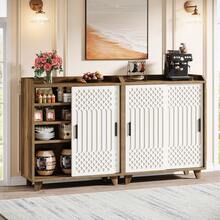 Tribesigns Modern Farmhouse Kitchen Sideboard Buffet Cabinet With Storage, Sliding Doors, Adjustable Shelves, Geometric Pattern Door Panel Design For Dining Room, Kitchen - 棕色和白色 - 查看 1