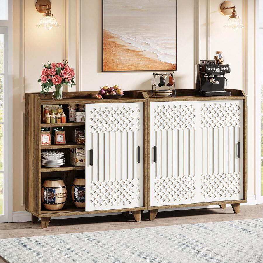 Tribesigns Modern Farmhouse Kitchen Sideboard Buffet Cabinet With Storage, Sliding Doors, Adjustable Shelves, Geometric Pattern Door Panel Design For Dining Room, Kitchen - 棕色和白色 - 查看 1