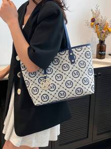 Bolso de tela grande con estampado de letras, estilo simple, para cruzar fronteras entre la UE y EE. UU. Nuevo bolso de hombro de patrón de rombos para mujeres ir al trabajo