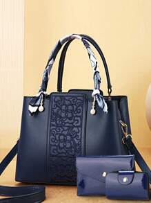 Conjunto Elegante de 3 Peças de Bolsas de Moda Feminina com Bordado - Estampa Geométrica Elegante, Bolsa de Couro Sintético e Carteira Tipo Clutch com Lenço