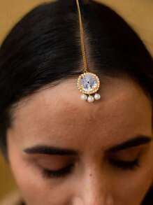1 pièce Chaîne de tête de mariage cubique vintage en or pour femmes, bijou de maangtika tulipe élégant et luxueux, convient pour le port quotidien, cadeau pour femmes