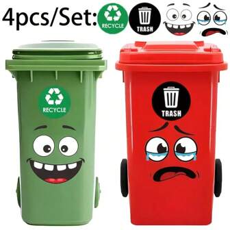 4pcs Cartoon Trash Can Stickers - Self-Adhesive PVC Recycling Decals For Cars, Bathrooms, Walls & Fridges - Fun Joyful Face Designs (Yellow, Blue) - Glossy Finish, Single Use, Fits Plastic Surfaces, Recycling Bins | Playful Design | PVC Stickers School Supplies, Back To School