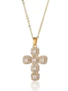 1pc Minimalist Fashionable Cross Pendant Necklace, Cubic Zirconia Decor Stainless Steel Versatile Choker