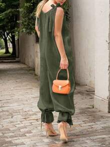 Women's Casual Solid Color Knotted Camisole Harem Pants, Suitable For Dates And Vacations