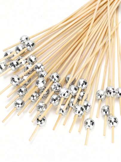 100pcs Cocktail Picks, Disco Ball Decorative Toothpicks, Suitable For Appetizers, Drinks, Food, Elegant Bamboo Skewers, 4.7 Inch Long Silver Wooden Cocktail Picks, Summer Hawaiian Party Decor, Valentine's Day & Carnival Decor, St. Patrick's Day Decor, Easter Decor
