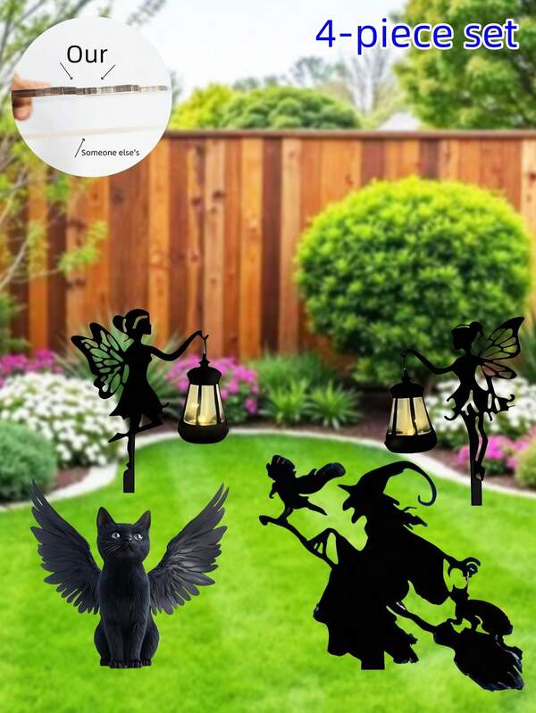 4-Piece Set 2D Acrylic Flat Black Lantern Fairy, Wing Cat, Witch Broom Silhouette Outdoor Garden Stakes Decor (15cm/5.9 Inch), Modern Decor Style, No Electricity Needed, Ground/Pot Installation, Halloween, Best Gift For Friends
