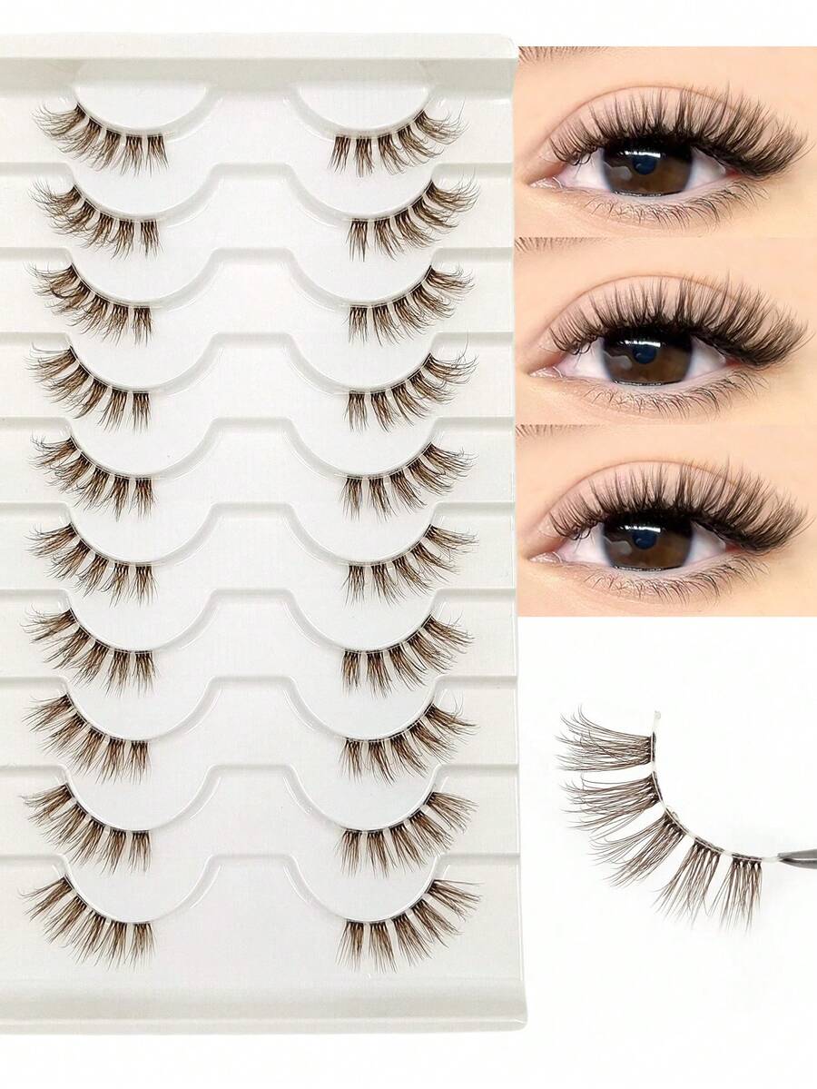 10 Pairs Brown Half-Strip False Eyelashes, Natural & Fluffy Faux Mink Lashes, Reusable, Extend Outer Corner, Transparent Lash Band For Comfortable Wear, Suitable For Everyday Makeup - Lông mi  mắt mèo - Xem 1