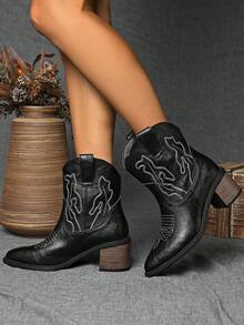Women's Classic Western Cowboy Boots, Vintage Embroidered Pattern, Comfortable Chunky Heel, Mid-Calf, Suitable For Autumn/Winter Casual & Daily Wear, Black Fashion Boots, Premium Leather Material, Western Style,Cowgirl Boots,Coachella - Black - View 4