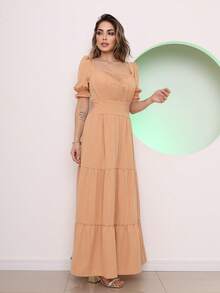 Long Dress With 3 Ruffled Sleeves - Beis - Ver 1