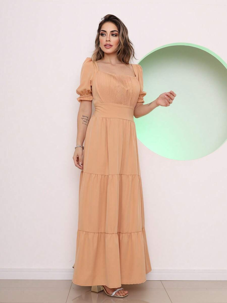 Long Dress With 3 Ruffled Sleeves - Beis - Ver 1