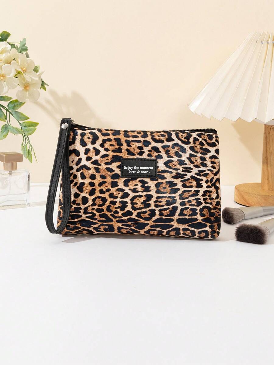 1pc Leopard Print PU Leather Makeup Bag, Portable Handbag Cosmetic Organizer,Pouch,Makeup Pouch,Travel Essential - Multicolor - View 1