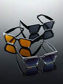 3pcs Geometric Plastic Colorful Full Frame Decorative Fashion Glasses For Men, Suitable For Summer Camping, Outdoor Travel, Fishing, Street Photography, Fashionable Accessory Fits All Face Shapes - 3pcs 透灰藍黑灰黑桔組合 - 查看 4