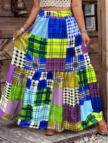 假日时尚波西米亚格子印花拼布松紧腰腰侧口袋半裙。