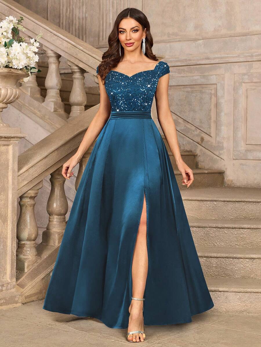 MIUSOL Sequin Floral Lace Sweetheart Neck Cap Sleeve Contrast Satin Formal Party Maxi Dress, Elegant Party Dress For Women, Formal Evening Gown, Prom Dress, For Easter, Mother Day, Wedding Guest, Graduation, Dinner - 霧霾藍 - 查看 1