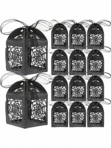 10pcs Halloween Black Hollow Spider Web -Themed Gift Boxes With Ribbons - Laser-Cut Paper Packaging Box For Halloween Spooky Party Favors & Small Item Storage - Black - View 1