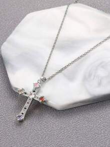 1pc 14K Gold Plated Zirconia Cross Pendant Necklace For Women, Simple & Fashionable, Suitable For Everyday Wear