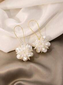 1pair Exaggerated Design Long Floral Ball Earrings With White Petals & Geometric Ear Studs, Ideal For Women's Daily Wear