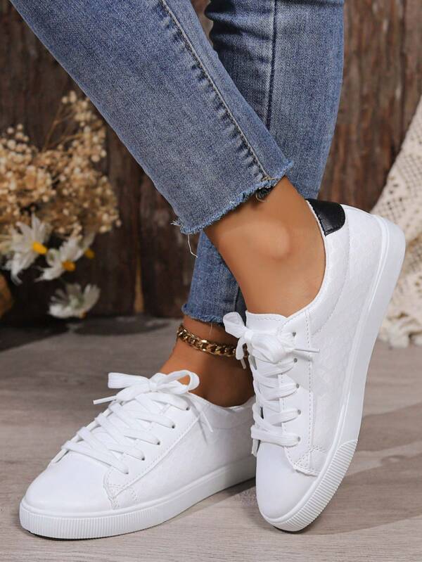 Women's Thick Sole Lace-Up Round Toe Casual Sneakers, Thick Bottom Fashion Sports Student Shoes