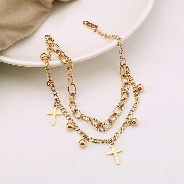 1pc Fashionable Stainless Steel Double Layer Cross Bracelet & Anklet
