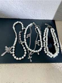 3pcs/Set Fashionable Luxury Exquisite Unique Design Punk Style Cross Pearl Layered Necklace, Versatile For Daily Wear And Parties