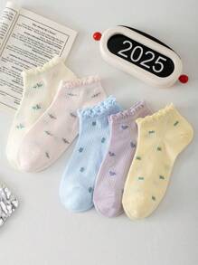 5/10 par skarpetek do kostki z nadrukiem kwiatowym, krótkie, śliczne, miękkie, oddychające, modne i uniwersalne, odpowiednie na lato i jesień