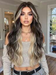 28 Inch Brown Highlight Blonde Long Body Natural Wave Synthetic Wig For Women Middle Part Natural Looking Wig For Girl Daily School Mother Day Wear Use,Halloween Christmas Gifts, Gifts For Girlfriends,Gifts For Girlfriends,Perfect For Daily Holiday Travel Wear