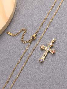1pc 14K Gold Plated Zirconia Cross Pendant Necklace For Women, Simple & Fashionable, Suitable For Everyday Wear