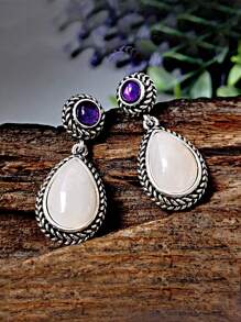 1 Pair Vintage Silver-Tone Inlaid Natural Quartz Teardrop Dangle Earrings