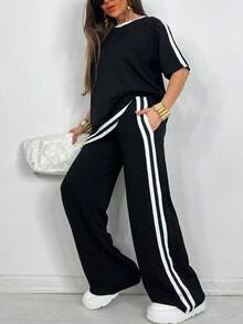 Plus Size Women Leisure T-Shirt + Side Stripe With Pockets Pants Suit
