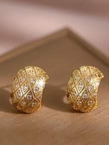 jealous young 1pair Glamorous Golden Micro-Inlaid Zirconia Rhombus Geometric Stud Earrings,Suitable For Daily Commute Wear - Yellow Gold - View 5