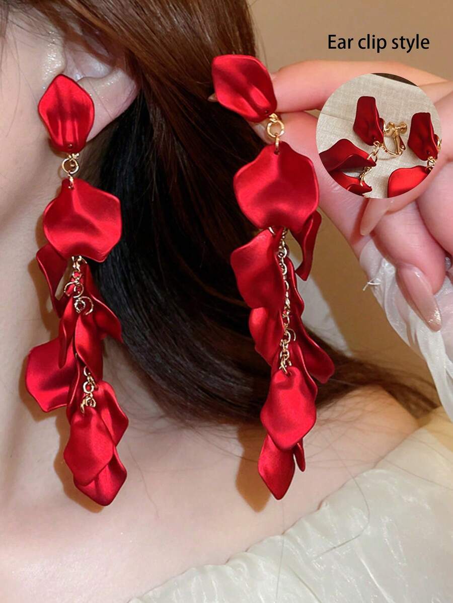 1 对玫瑰花瓣长耳环，时尚优雅百搭女士配饰