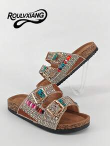 Nuevos zapatos negros con brillo ROULVXIANG, sandalias de playa de vacaciones, sandalias deslizantes esponjosas, sandalias planas para mujeres - Marrón - Ver 4