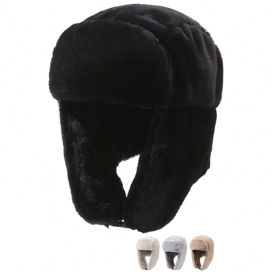 1pc Winter Warm Earmuff Bomber Hat, Fur-Lined Outdoor Casual Cap, Windproof Cycling Hat, Black Beanie Winter Outfits