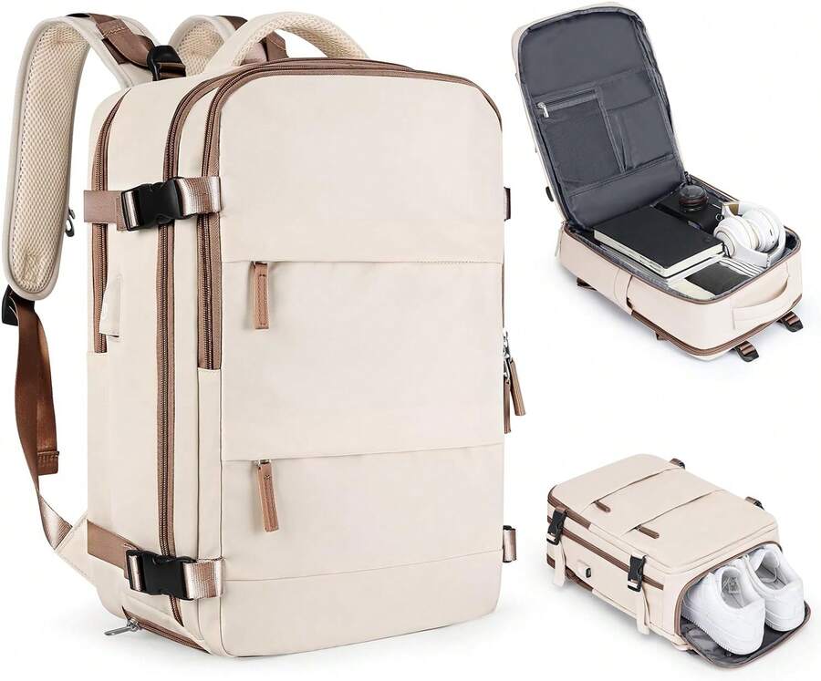 Large Travel Backpack Carry On Flight Approved Mochila De Viaje Personal Item Travel Bag Backpacks For Men Women Carry On Backpack For Airplanes 18x14x8 Inches Travel Bag Beige With Brown - 米色 - 查看 1