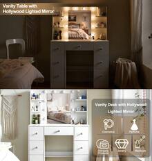 100cm Makeup Vanity Table With LED Mirror, Drawers With Crystal Pull, Open Shelves Dressing Desk, Large Vanity Desk With Lighted Mirror / Led Bulbs For Bedroom - White - View 8