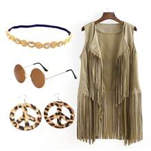 5pcs/Set Retro 60s Hippie Party Costume, Solid Color Fringe Vest, Glasses, Necklace, Earrings, Fun Cosplay Medieval Renaissance Masquerade Party Magic Outfit, Unisex Vintage Casual