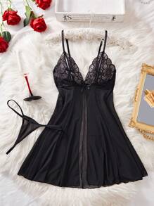 2-Piece Women's Black,Bow Decoration,Split,Sheer&Backless,Lace Patchwork Mesh,Mature Charm,Summer Babydoll,Sexy Lingerie Dress Sexy Lingerie Set For Going Out