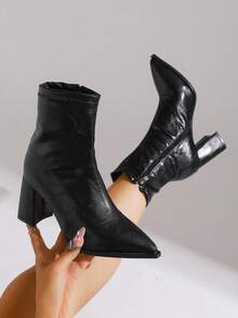 Botas de cuero versátiles con diseño de puntera puntiaguda, tacón grueso y cremallera lateral de moda para mujer. Forradas térmicamente, adecuadas para ir al trabajo, vestimenta formal y múltiples ocasiones, otoño/invierno, elegantes - Negro - Ver 2
